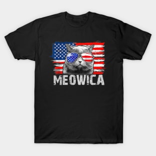 Cat Patriotic 4th Of July Meowica American Flag Sunglasses T-Shirt